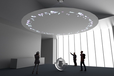 “Orbiting” prototype installation view by CAST Visiting Artist Thom Kubli and Hiroshi Ishii, the Jerome B. Wiesner Professor of Media Arts and Sciences, in the Media Lab's Tangible Media Group