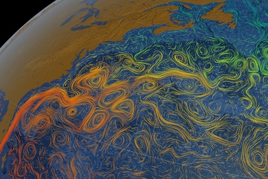This visualization shows the Gulf Stream's sea surface currents and and temperatures.
