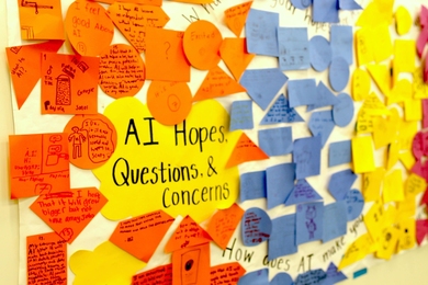 A mural of hopes and questions about artificial intelligence from a middle school workshop