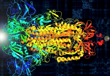 MIT Professor Markus Buehler designs new proteins with the help of artificial intelligence. He recently translated the spike protein of the novel coronavirus (SARS-Cov-2) into sound to visualize its vibrational properties, as seen here, which could help in finding ways to stop the virus. Primary colors represent the spike’s three protein chains.