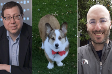 Left to right: Department of Mathematics Professor Alan Edelman, his co-instructor and family Corgi Philip, and visiting professor and longtime Julia lab collaborator David Sanders have altered their computational thinking course to encourage input on COVID-19 responses. 
