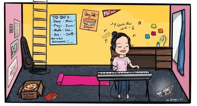 Margaret Zheng's Tunnel66 room. "It's a preservation of some of my favorite memories as a first-year student at MIT — jamming on musical instruments, hanging out with friends, putting sticky notes all over the walls of my dorm room, painting murals, and working out."