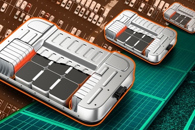 An MIT study shows that electrical vehicle batteries could have a useful and profitable second life as backup storage for grid-scale solar photovoltaic installations, where they could perform for more than a decade in this less demanding role. This image shows a ‘cut-away’ view of a lithium-ion battery over a background of cars and solar panels. 