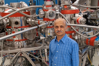 MIT Senior Research Scientist Jagadeesh Moodera and his group use a molecular beam epitaxy system to precisely control the fabrication of ultrathin quantum material combination layer structures. Studying the interfaces between such materials could lead to novel interface phenomena and new energy-efficient quantum devices.
