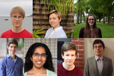 MIT’s 2020 Hertz Fellows are (clockwise from top left): Alexander Alabugin, Alyssa Dayan, Marisa Gaetz, Isaac Metcalf, Nolan Peard, Maya Sankar, and Constantine Tzouanas. 