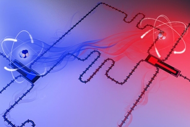 Two superconducting qubits acting as giant artificial atoms. These “atoms” are protected from decoherence yet still interact with each other through the waveguide. 
