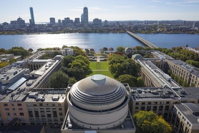 Aerial view of MIT over the Great Dome and looking toward the Charles River