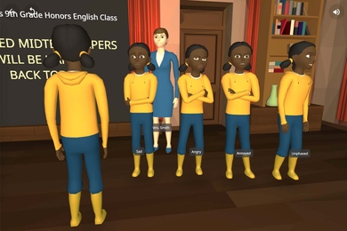 Video game image depicting five avatars of a Black girl in a classroom experiencing different emotions, plus her white female teacher