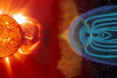 Rendering of coronal mass ejection interacting with Earth's atmosphere