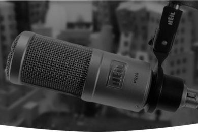 Black and white image of studio microphone
