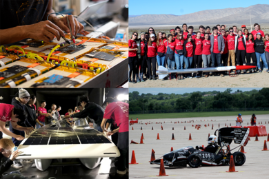 Four photos showing battery work, students with their rocket in the desert, students with an electric car, and students with a solar car