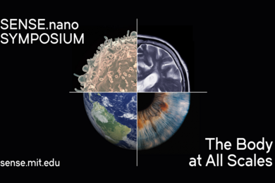 SENSE.nano poster featuring a circle divided into quadrants with a different image in each: a cell, a brain scan, Earth, a human eye