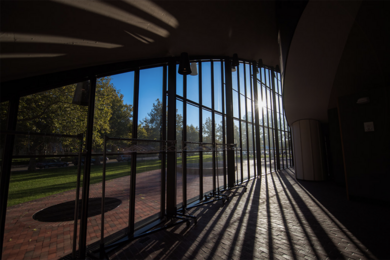 Sun shining through an empty MIT Kresge Auditorium atrium