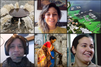 3x2 grid of images with gushing water, women speaking into camera with microphone, algae bloom in a lake, and a woman in a sari pumping water
