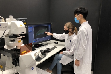 Photo of two masked individuals in lab coats discussing an image on a computer screen