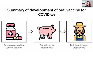 Screenshot of a presentation slide featuring (l to r) "develop nanoparticle vaccine platform," "test efficacy in experiments," and "distribute to target populations"