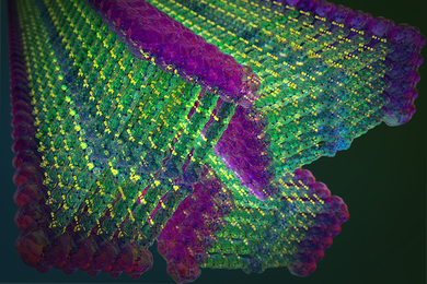 Closeup image of three nanoribbons, each a line of blue units encased in several green units and a purple unit on the outside