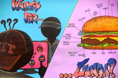 Split screen illustration: At left, the words "What's for..." above two students, one ordering food from a touchscreen; at right, a cheeseburger surrounded by callouts of potential allergens, with "...lunch?" below