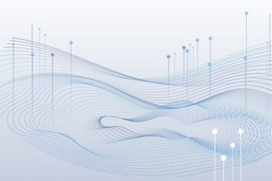 An artists rendering of a mathematical surface made up of flowing, wavy blue lines