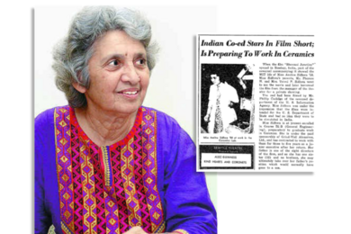 Photo of Almitra Patel with a old newspaper clipping about her in the background