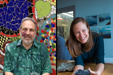 Side-by-side photos of professors Susskind and Bergmann, each dressed casually and smiling