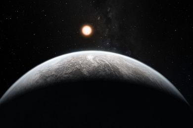 Artist's conception of a super-Earth exoplanet with its star in the background