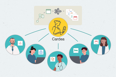 Stylized illustration of a network connecting different types of medical information to the Cardea software and members of the medical community, such as doctors, nurses, and administrators.