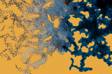 Photo illustration featuring computer-generated images of organic molecules morphing into an actual blobby electron microscope image of those same molecules