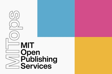 Rectangular image split into two L-shaped spaces, one all white with "MIT Open Publishing Services" within and the other a combination of cyan, magenta, and yellow squares