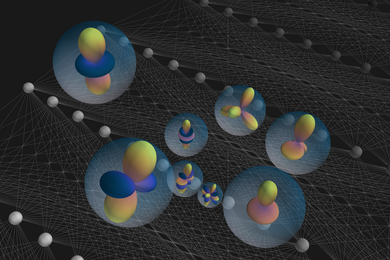 Illustration of a neural network represented as nodes of various sizes interconnected with a web of straight lines, superimposed with illustrations of electron orbital diagrams for eight molecules