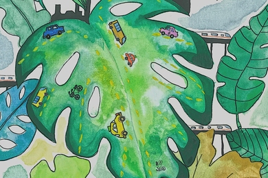 A cartoon drawing of a leaf with tiny cars driving on it