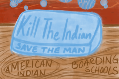 Illustration of a bar of soap engraved with “Kill the Indian, save the man” and the words "American Indian Boarding Schools" underneath. The soap is "washing away" words including "hair", "name", and "language.”