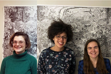 Photo collage of three women standing in front of a black-and-white illustration featuring nature scenes