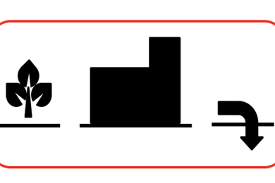 A simple illustration of a stylized tree, a building, and an arrow pointing underground