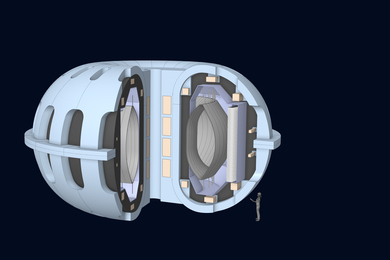 Cutaway drawing of a fusion reactor with a human figure for scale. It’s a large, toroidal-shaped chamber with thick walls and the person is only about 1/5 its height.