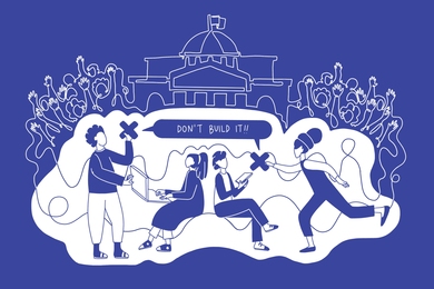 A blue-and-white cartoon with a central capitol building, abstract people standing and raising hands behind two representatives with X's representing votes facing two technologists and saying "Don't build it!"