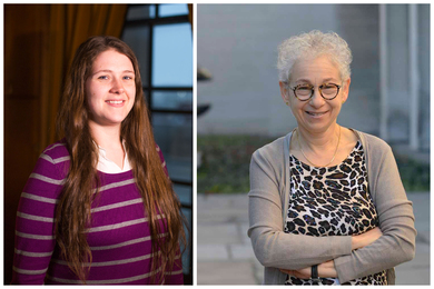 Side-by-side photos of Deanna Montgomery smiling and standing next to a window; and Nina Davis-Millis, smiling with arms crossed in an outdoor courtyard.