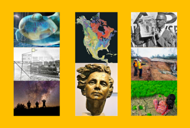 Collage of 8 images representing courses offered by MIT OpenCourseWare: map of the U.S., bust of Rachel Carson, photo of Malcolm X, photo of people looking at a starry sky, etc.