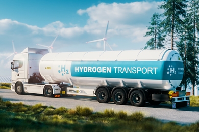Illustration of a white fuel truck that says "hydrogen transportation" on it, driving down a road past pine trees, solar panels, and wind turbines. 