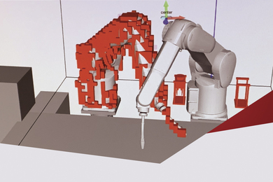 Illustration of an autonomous robot with a red "arm" and a silver "arm"