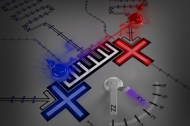3D drawing of a tunable coupler, which features two + figures plus a number of lines and graduated gauges