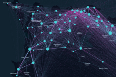 Black map of Sierra Leone with cyan dots representing cities and towns, as well as lines in between these nodes. 