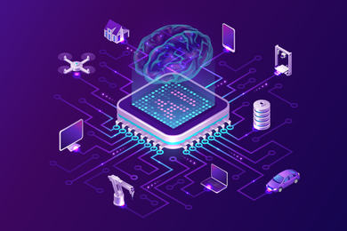 Conceptual graphic illustration with a purple background showing a brain superimposed on a computer chip, with icons representing applications (computer, drone, crane, car, etc) all around