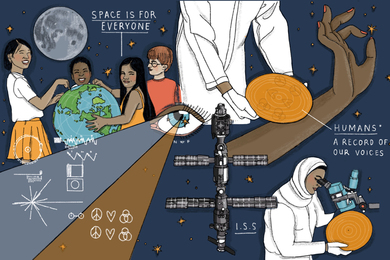Illustration of the moon, children holding an Earth globe, an eye, etching on Golden Record, the ISS, a hand, a person in a white lab coat holding a disk, and a person looking into a microscope.
