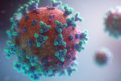 Realistic illustration of virus particles, red spheres with blue and green molecules sticking out from the surface