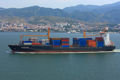 A small container ship in the Aegean Sea