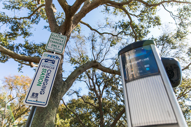 Photo of an electric vehicle charging station with a few trees in the background