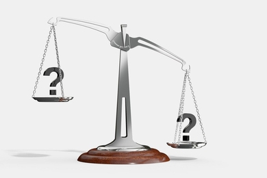3D illustration of a balance scale with question marks in each pan
