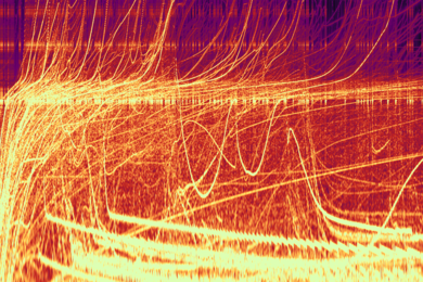 Colorful orange, purple, and yellow spectrogram image of spiderweb