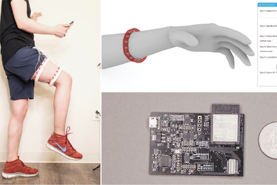 Three images: 1) someone wearing a device on their thigh while high-stepping; 2) a manequin’s hand wearing a bracelet; and 3) a circuit board